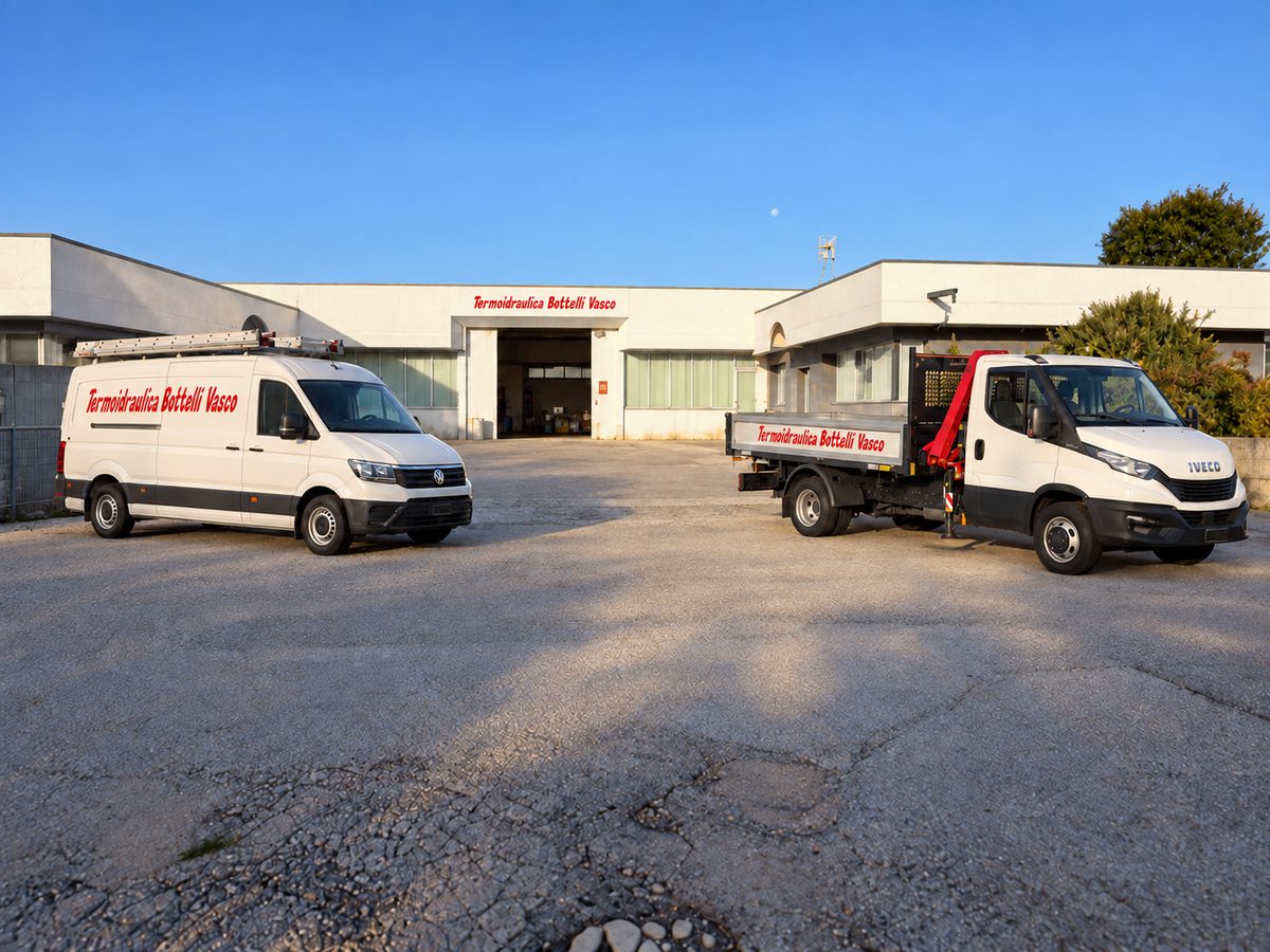 Composizione promozionale della sede Bottelli a Galliera Veneta (PD) con due mezzi aziendali nel piazzale